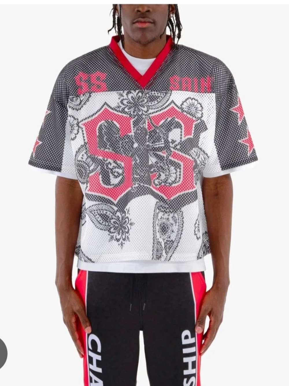 Graphic Mesh V-Neck Jersey in Black, White & Red Copper Rivet